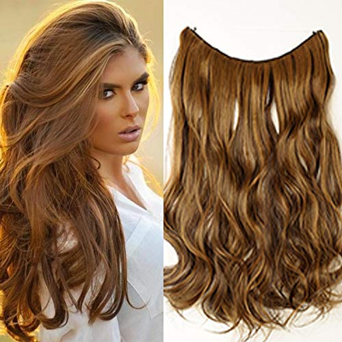 Extensión con hilo invisible Cabello largo ondulado Marrón Extensiones de alambre de 50 cm Banda única ondulada Sin clip en 3/4 Cabeza completa - Mezcla marrón oscuro Rubio Rojo