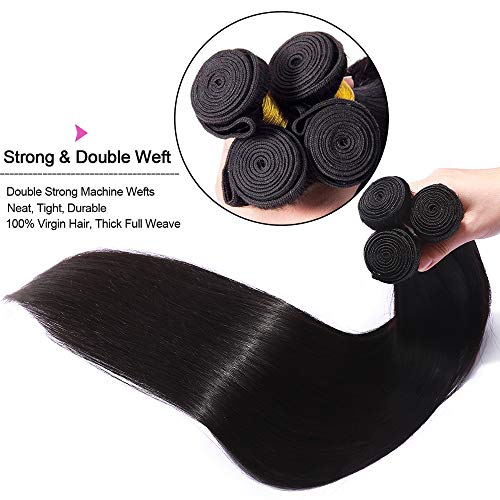 Extensiones de Cabello Humano Cortina Cosida Brasileña Liso Pelo Natural Hair Bundle-60cm*1, 100g, 1B Negro Natural