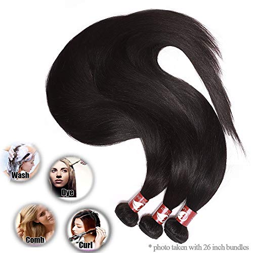 Extensiones de Cabello Humano Cortina Cosida Brasileña Liso Pelo Natural Hair Bundle-60cm*1, 100g, 1B Negro Natural