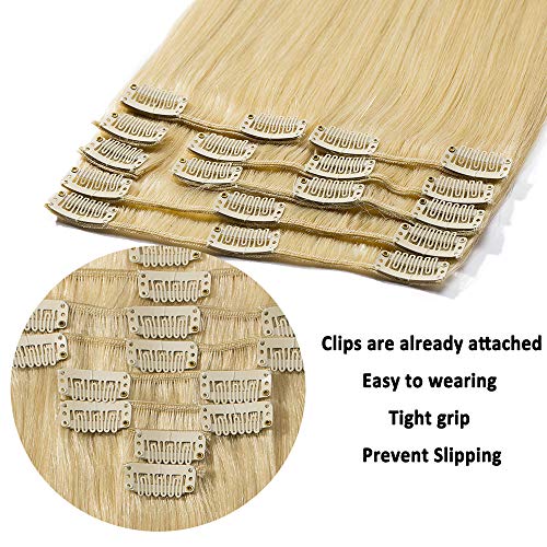 Extensiones de Clip de Pelo Natural Cabello Humano (Double Drawn) 8 Piezas 18 Clips 100% Remy Human Hair - 10"/25CM #613 Blanqueador Rubio