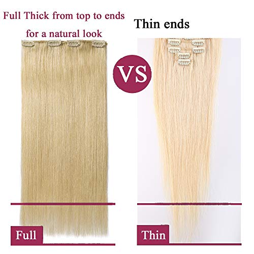 Extensiones de Clip de Pelo Natural Cabello Humano (Double Drawn) 8 Piezas 18 Clips 100% Remy Human Hair - 10"/25CM #613 Blanqueador Rubio