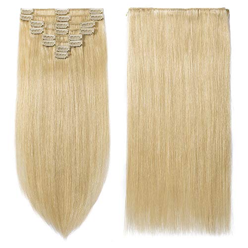 Extensiones de Clip de Pelo Natural Cabello Humano (Double Drawn) 8 Piezas 18 Clips 100% Remy Human Hair - 10"/25CM #613 Blanqueador Rubio