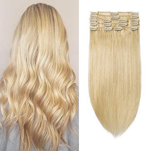 Extensiones de Clip de Pelo Natural Cabello Humano (Double Drawn) 8 Piezas 18 Clips 100% Remy Human Hair - 10"/25CM #613 Blanqueador Rubio