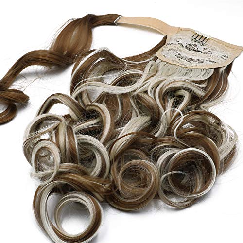 Extensiones de Clip de Pelo Natural Coleta Postiza Extensiones de Cabello Rizadas Ponytail Largo Clip in Hair Extension Cola Wrap Around (Rubio oscuro & Blanqueador rubia)