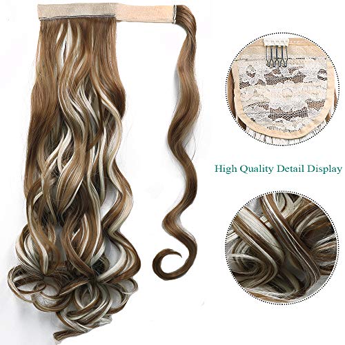 Extensiones de Clip de Pelo Natural Coleta Postiza Extensiones de Cabello Rizadas Ponytail Largo Clip in Hair Extension Cola Wrap Around (Rubio oscuro & Blanqueador rubia)