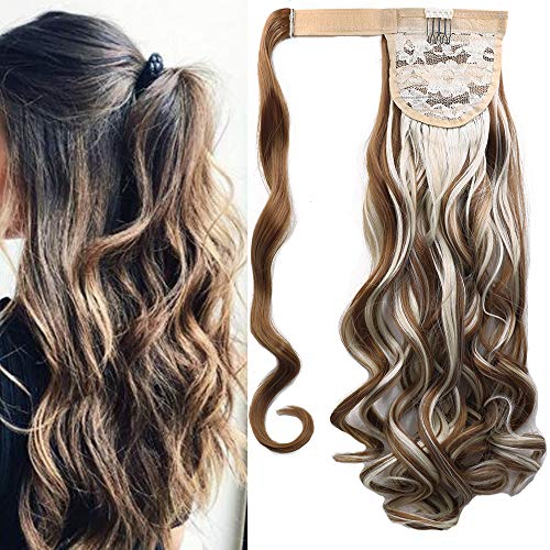 Extensiones de Clip de Pelo Natural Coleta Postiza Extensiones de Cabello Rizadas Ponytail Largo Clip in Hair Extension Cola Wrap Around (Rubio oscuro & Blanqueador rubia)
