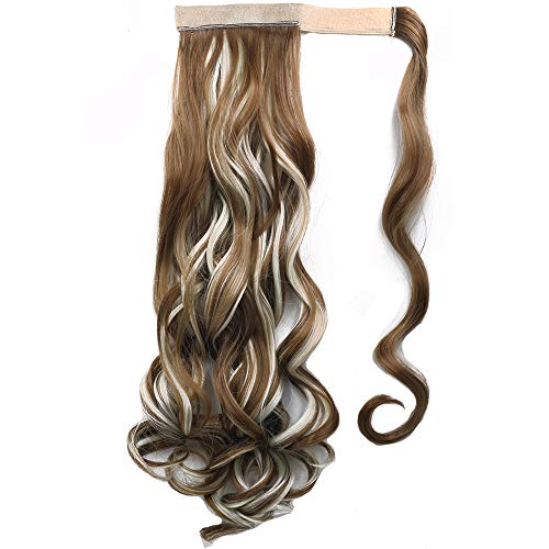 Extensiones de Clip de Pelo Natural Coleta Postiza Extensiones de Cabello Rizadas Ponytail Largo Clip in Hair Extension Cola Wrap Around (Rubio oscuro & Blanqueador rubia)
