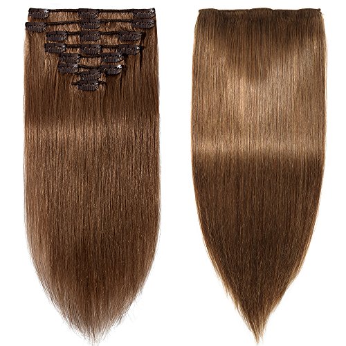 Extensiones de Clip de Pelo Natural Postizos Cabello Humano Mechas Balayage Liso Remy Clip In Human Hair [Espesor Sstándar] 8 Piezas 18 Clips- 8"(20CM) #06 Marrón Claro