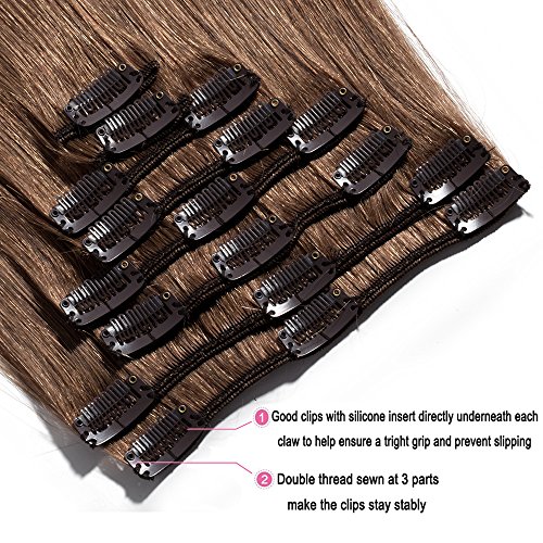 Extensiones de Clip de Pelo Natural Postizos Cabello Humano Mechas Balayage Liso Remy Clip In Human Hair [Espesor Sstándar] 8 Piezas 18 Clips- 8"(20CM) #06 Marrón Claro