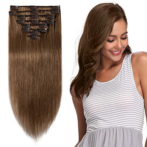 Extensiones de Clip de Pelo Natural Postizos Cabello Humano Mechas Balayage Liso Remy Clip In Human Hair [Espesor Sstándar] 8 Piezas 18 Clips- 8"(20CM) #06 Marrón Claro