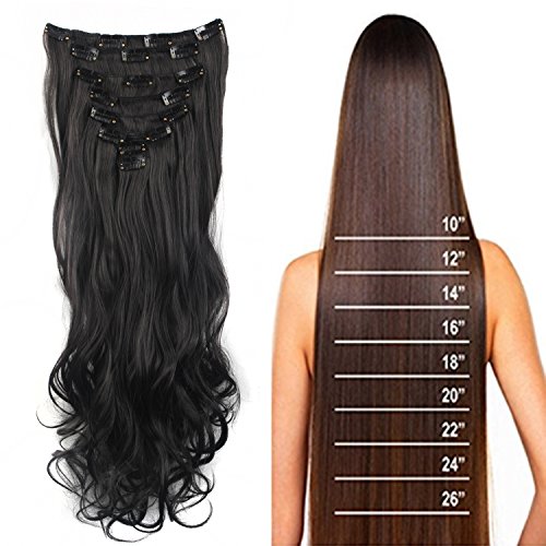 Extensiones de pelo Vorcy de 17 pulgadas, 24 pulgadas, 8 piezas, rizos largos y rizados, ondulados, con clip para la cabeza completa, para dama sexy, a elegir 11 colores Negro natural. 43,18 cm