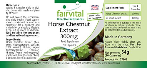 Extracto de Castaño de Indias 300mg - Aesculus hippocastanum - 20% de escina - VEGANO - Dosis elevada - 90 Cápsulas - Calidad Alemana