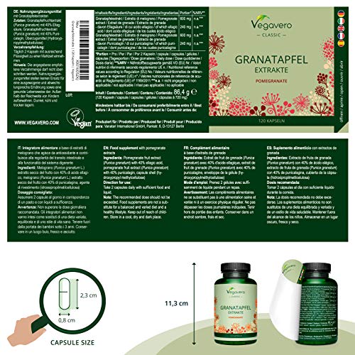 Extracto de Granada Vegavero® | Estandarizado a 40% de Punicalagina & 40% de Ácido Elágico | Sin Aditivos | Antioxidantes Potentes | Apto Para Veganos | 600 mg | 120 Cápsulas