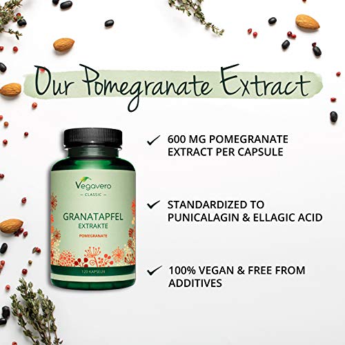 Extracto de Granada Vegavero® | Estandarizado a 40% de Punicalagina & 40% de Ácido Elágico | Sin Aditivos | Antioxidantes Potentes | Apto Para Veganos | 600 mg | 120 Cápsulas