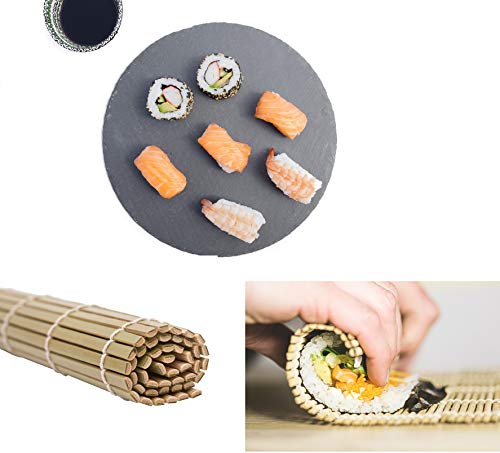EXZACT EX-SR04 Kit de bambú para enrollar sushi – 4 piezas – 2 x esteras, 1 x paleta de arroz, 1 x esparcidor de arroz, Todo natural (EX-SR04)
