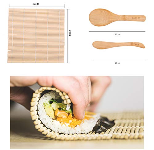 EXZACT EX-SR04 Kit de bambú para enrollar sushi – 4 piezas – 2 x esteras, 1 x paleta de arroz, 1 x esparcidor de arroz, Todo natural (EX-SR04)
