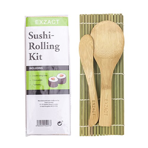 EXZACT EX-SR04 Kit de bambú para enrollar sushi – 4 piezas – 2 x esteras, 1 x paleta de arroz, 1 x esparcidor de arroz, Todo natural (EX-SR04)