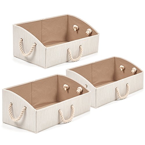 EZOWare 3 pcs Cajas de Almacenaje, Caja Abierta con Angulo de Tela Plegable Resistente con Manijas para Estanterías, Armarios, Ropa, Camisetas, Juguetes, y mas - (Beige)