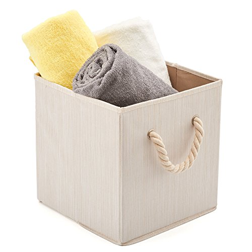 EZOWare 4 pcs Cajas de Almacenaje, Cubo Decorativa de Tela Plegable Resistente Con Manijas para Ropa, Juguetes, Armario, Dormitorio, Estanterías y Mas - (26.7 x 26.7 x 28 cm) (Beige bambú)