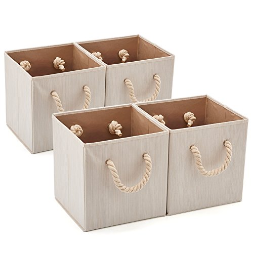 EZOWare 4 pcs Cajas de Almacenaje, Cubo Decorativa de Tela Plegable Resistente Con Manijas para Ropa, Juguetes, Armario, Dormitorio, Estanterías y Mas - (26.7 x 26.7 x 28 cm) (Beige bambú)