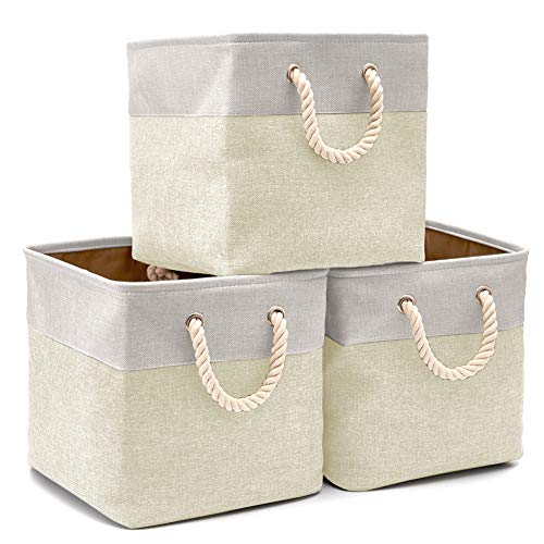 EZOWare Cajas de Almacenaje, 3 Pcs Cesta Organizador Cubos de Tela Plegable con Manijas para Hogar, Oficina, Estanterías, Armarios, Ropa, Juguetes y mas - 33 x 33 x 33 cm (Beige/Gris Claro)