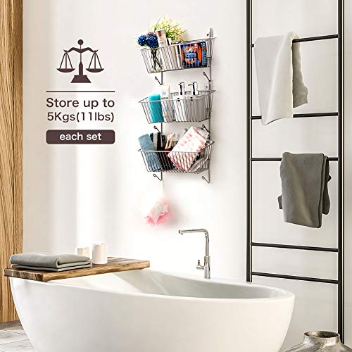 EZOWare Estantería Colgante Multiuso con 3 Cestas y Ganchos, Organizador y Almacenamiento Colgar en Puertas de Habitación o Montar en Pared para Cocina, Despensa, Baño - Gris Plata