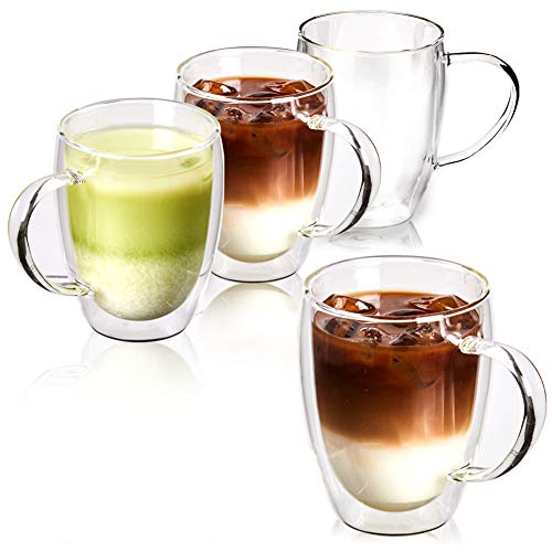 EZOWare Tazas de Cafe de Vidrio Doble Pared, Vasos de Cristal Térmicos con Mango para Bebidas Calientes o Heladas, Café de Leche, Macchiato, Vino, Te - Set de 4, 350ml