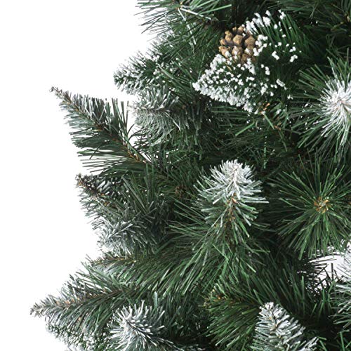 FairyTrees Árbol de Navidad Artificial Slim, Pino Verde Natural Cubierto de Nieve, PVC, con piñas Naturales, Soporte de Madera, 180cm, FT09-180