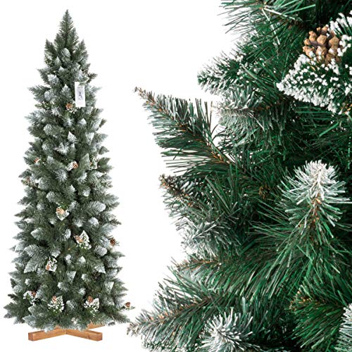 FairyTrees Árbol de Navidad Artificial Slim, Pino Verde Natural Cubierto de Nieve, PVC, con piñas Naturales, Soporte de Madera, 180cm, FT09-180