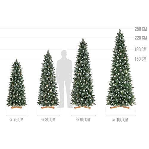 FairyTrees Árbol de Navidad Artificial Slim, Pino Verde Natural Cubierto de Nieve, PVC, con piñas Naturales, Soporte de Madera, 180cm, FT09-180