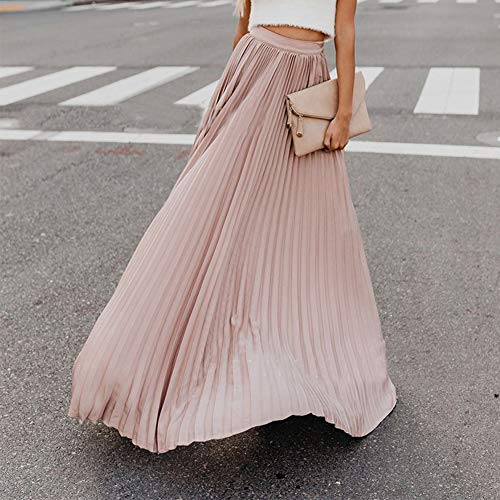 Falda Larga de Estilo Bohemia de Cintura Alta para Mujer Plisada Falda Maxi Pink M