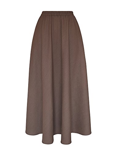 Falda Larga Mujer de Lino Plisado Cintura Elástica Color sólido con Bolsillo - Marrón 80CM