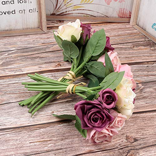 Famibay Flores Artificiales Rosas de Seda 2 Piezas de Rosas Ramo de Novia para Centro de Mesa Decoración