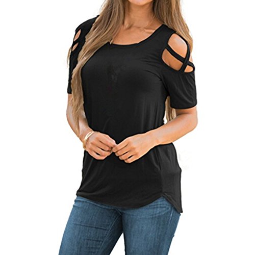 FAMILIZO Camisetas Mujer Verano Blusa Mujer Elegante Camisetas Mujer Manga Corta Algodón Camiseta Mujer Camisetas Mujer Fiesta Camisetas Sin Hombros Mujer Camisetas Mujer Tallas Grandes (L, Negro)