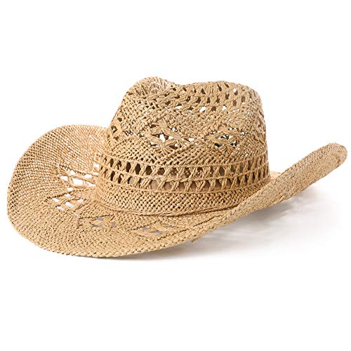 FANCET Sombrero de vaquero de paja para mujer, diseño de sombrero de panamá occidental, ideal para disfraz, apto para verano, playa, cabalgatos, color caqui