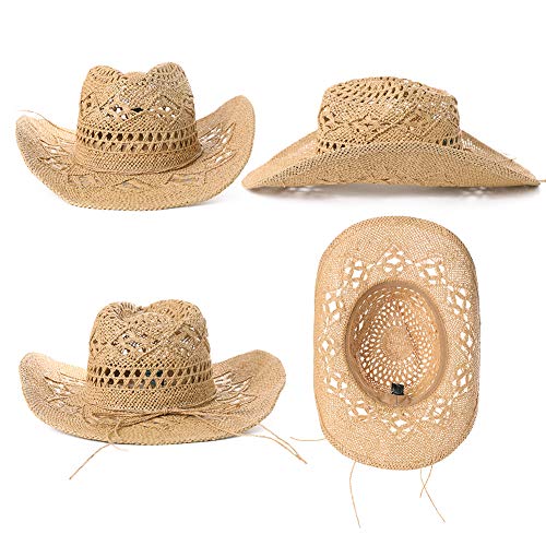 FANCET Sombrero de vaquero de paja para mujer, diseño de sombrero de panamá occidental, ideal para disfraz, apto para verano, playa, cabalgatos, color caqui