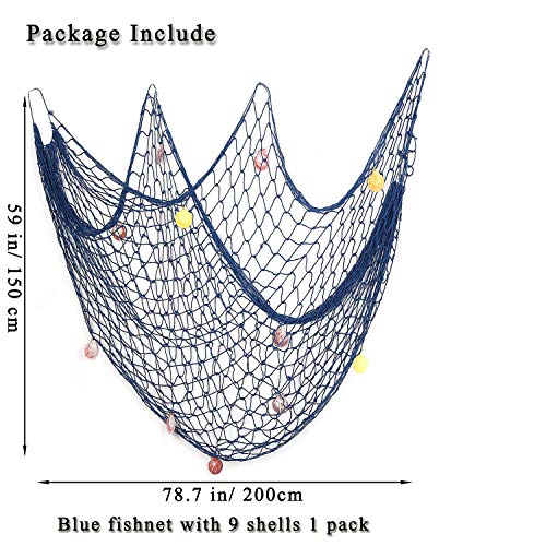 Fangoo 200 cm x 150 cm Red de Pesca con Conchas Playa Decoración temática para Fiesta Hogar Sala de Estar Dormitorio Decoración de Estilo mediterráneo Decoración de Pared (Azul)