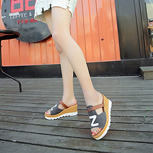 Fannyfuny_Zapatos de Verano Sandalias de Verano Sandalias Mujer Cuña Zapatillas de Estar por casa Sandalias y Chanclas Bohemia tacón Alto de Impresión de Letras Zapatos de Playa (5-8cm)