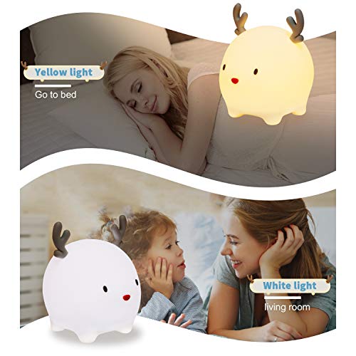 Fansteck Luz Nocturna Infantil Niños, Luz Quitamiedos Bebé, Luces LED de Noche Forma Ciervo, Lámpara Habitacion Decoracion con Brillo Ajustable, 4 Modos, 6 Colores, Regalo de Cumpleaños y Fiestas