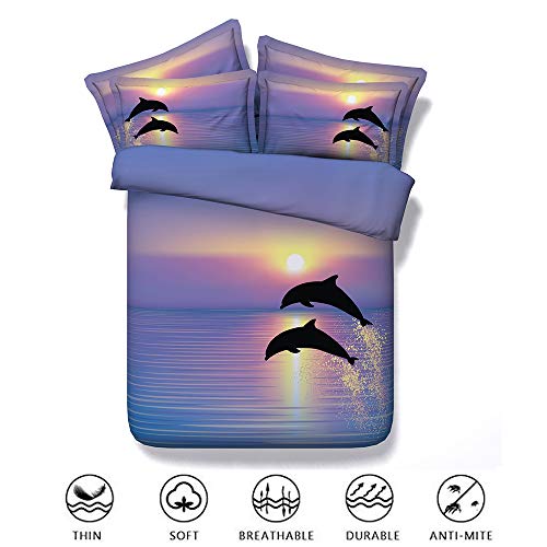 Fansu Juego de Ropa de Cama 3 Piezas Funda De Edredón Familias y Niños, 3D Delfín Imprimiendo Cremallera Funda Nórdica Funda de Almohada Suave Cómodo No alérgico (150x200cm,Púrpura)