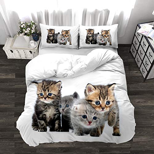 Fansu Juego de Ropa de Cama Microfibra Funda de edredón 3D Animal para Cama Individual Matrimonio con Funda de Almohada y Funda Nórdica (140x200cm,Gatitos)