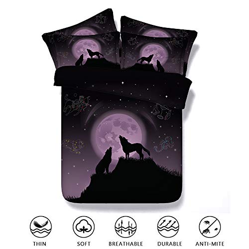 Fansu Lobo Totem Juego de Ropa de Cama 3 Piezas Funda De Edredón Familias y Niños, 3D Imprimiendo Cremallera Funda Nórdica Funda de Almohada Suave Cómodo No alérgico (200x220cm,Luna Morada)