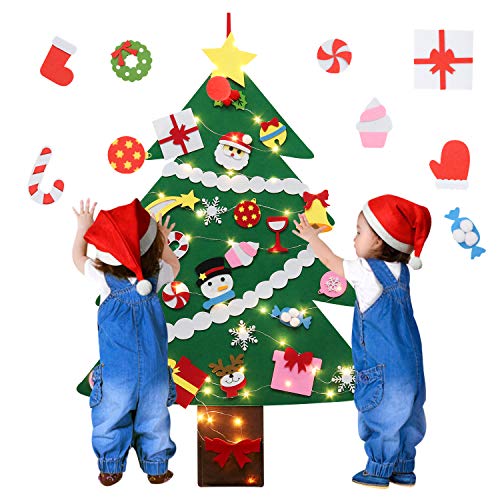 Fascigirl Árbol de Navidad de Fieltro, 39 Inch DIY Navidad Decoración los Ornamentos Desmontables 28pcs y Cadena de Luces Regalos Colgantes de Navidad de la Pared para Niños