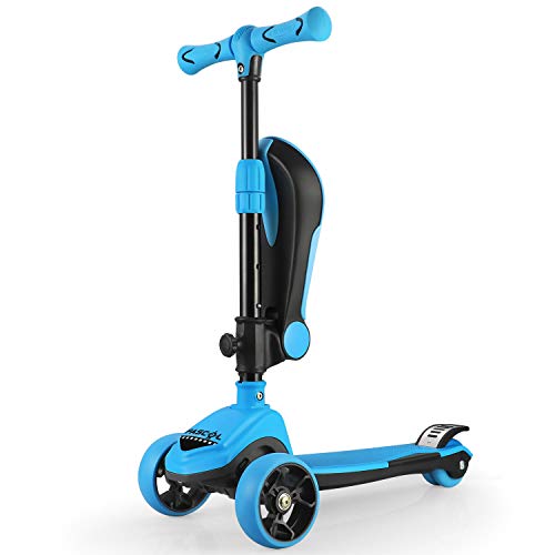 Fascol 2 en 1 Patinete de 3 Ruedas de LED para Niños Scooter Vespa de Asiento Desmontable para 18 Meses - 8 años Niños Patinete de Carga Máxima: 50 kg Carga Máxima del Asiento: 25 kg (Azul Claro)