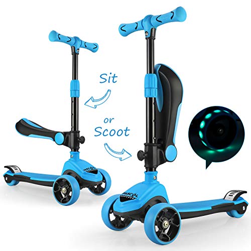 Fascol 2 en 1 Patinete de 3 Ruedas de LED para Niños Scooter Vespa de Asiento Desmontable para 18 Meses - 8 años Niños Patinete de Carga Máxima: 50 kg Carga Máxima del Asiento: 25 kg (Azul Claro)