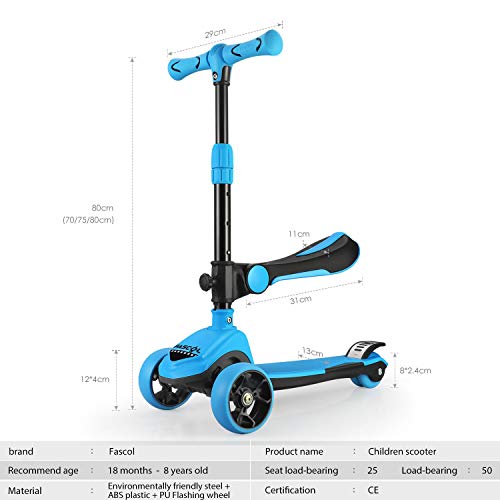 Fascol 2 en 1 Patinete de 3 Ruedas de LED para Niños Scooter Vespa de Asiento Desmontable para 18 Meses - 8 años Niños Patinete de Carga Máxima: 50 kg Carga Máxima del Asiento: 25 kg (Azul Claro)