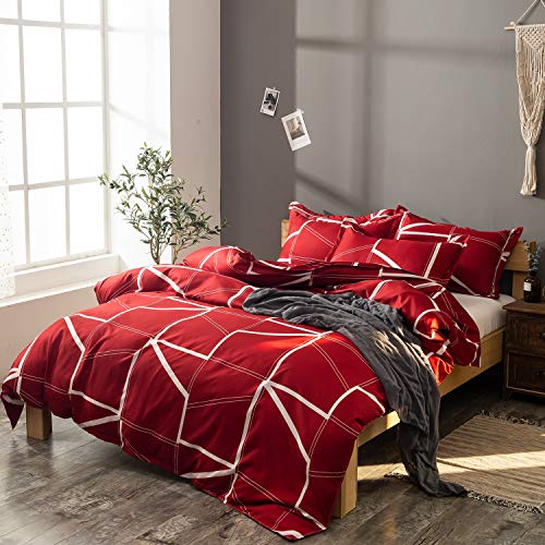 Fashion·LIFE Funda de Edredón Ropa de Cama Juego de edredón Estampado Geométrico Funda Nórdica Antiarrugas con 5*Fundas de Almohada,Reina 228x228cm Rojo