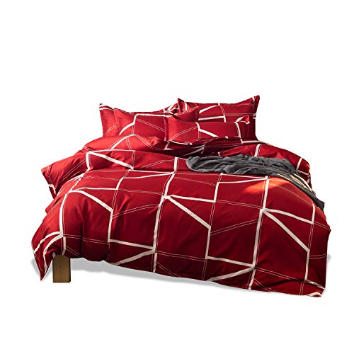 Fashion·LIFE Funda de Edredón Ropa de Cama Juego de edredón Estampado Geométrico Funda Nórdica Antiarrugas con 5*Fundas de Almohada,Reina 228x228cm Rojo