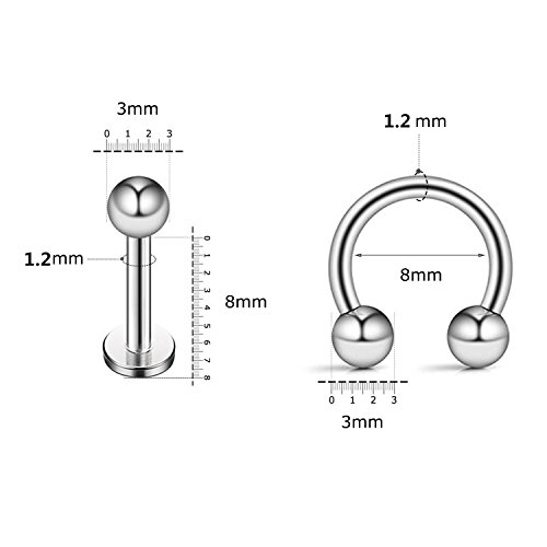 FECTAS 12pcs Nariz Piercing Herradura Anillos Lip Labret Piercing Bar Acero Inoxidable 16 Gauge