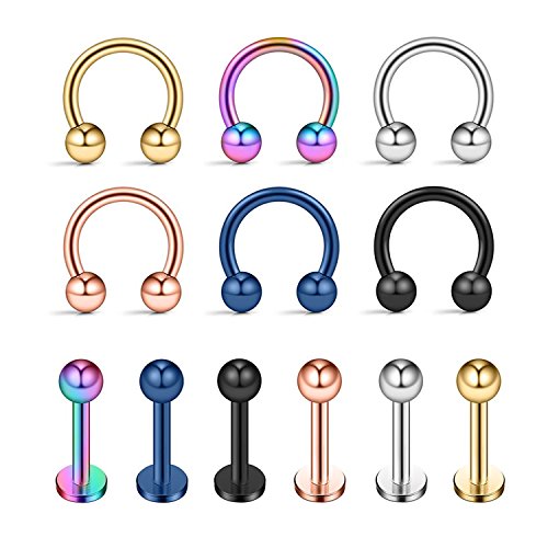 FECTAS 12pcs Nariz Piercing Herradura Anillos Lip Labret Piercing Bar Acero Inoxidable 16 Gauge